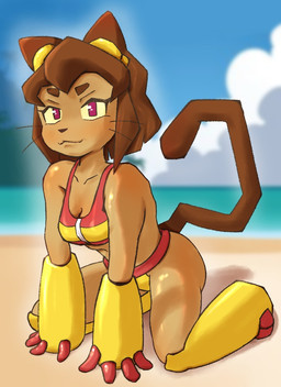 anthro beach bent_legs breasts cleavage clothed clothing eyewear eyewear_on_head female goggles goggles_on_head hands_on_ground kneeling looking_at_viewer pose robotic_arm robotic_leg smile smiling_at_viewer solo swimwear tail two-piece_swimsuit pringring gameoverse glitch_productions kit_bodega domestic_cat felid feline felis mammal pinup