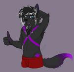 anthro armpit_hair black_body black_fur blue_eyes body_hair chest_tuft clothing fluffy fur gesture hair hand_gesture looking_at_viewer male markings nipples pawpads paws piercing pose purple_body purple_fur simple_background smile smirk solo thumbs_up tuft underwear white_hair young young_anthro young_male lexii_(artist) canid canine canis domestic_dog husky mammal mastiff molosser nordic_sled_dog rottweiler spitz nox_(disambiguation)