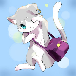 ambiguous_gender bag blue_background blue_eyes ear_piercing ear_ring eyebrows fur grey_body grey_fur inner_ear_fluff one_eye_closed piercing ring_piercing simple_background smile solo tuft chi_yuraumi re:zero puck_(re:zero) domestic_cat felid feline felis mammal 1:1 hi_res