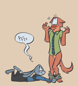 3_toes 5_fingers accident anthro assisted_exposure biped blush blush_lines bodily_fluids bottomwear bottomwear_down clothed clothing cotton_tail duo embarrassed falling feet fell_down female fingers flying_sweatdrops genitals humiliation laugh laughing_at male micropenis pants pants_down pantsing partially_clothed penis police police_officer police_uniform redesign small_penis snout speech_bubble sweat sweatdrop toes toony uniform samrockwell420 disney zootopia judy_hopps nick_wilde canid canine fox lagomorph leporid mammal rabbit true_fox hi_res