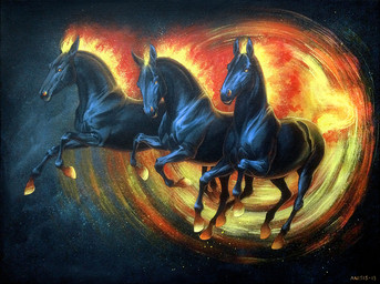 black_body black_fur feral fire flaming_hair flaming_mane flaming_tail fur group hooves pseudo_hair pseudo_mane tail anisis equid equine horse mammal 2015 traditional_media_(artwork)