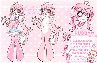 accessory age_regression anthro clothing female fur heterochromia pink_body pink_fur solo spots standing text unknown_artist canid canine canis domestic_dog husky mammal nordic_sled_dog spitz absurd_res english_text hi_res model_sheet