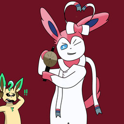 anthro duo female gesture gun hand_gesture male male/female pointing pointing_at_viewer ranged_weapon rocket_launcher scared weapon noxsurt nintendo pokemon eeveelution generation_4_pokemon generation_6_pokemon leafeon pokemon_(species) sylveon 1:1 absurd_res hi_res