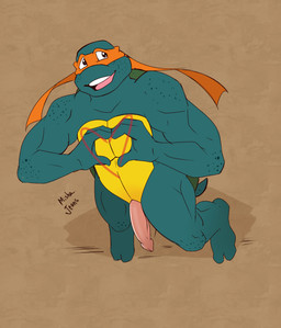 2_toes 3_fingers animal_genitalia animal_penis anthro athletic athletic_anthro athletic_male feet fingers freckled_arms freckled_face freckled_legs freckled_shoulders freckles genitals gesture half-erect heart_gesture heart_symbol looking_at_viewer male mask mask_only nude open_mouth penis shell simple_background slit_penis smile solo standing tail teeth toes mishajeans teenage_mutant_ninja_turtles teenage_mutant_ninja_turtles_(2003) michelangelo_(tmnt) reptile scalie turtle digital_media_(artwork) hi_res