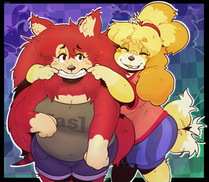 anthro bell belly big_belly big_breasts black_border blonde_hair blue_bottomwear blue_clothing blush blush_stickers border bottomwear breasts brown_hair cleavage clothed clothing denim denim_bottomwear denim_clothing denim_shorts duo eyes_closed female forced_smile freckled_face freckles fur green_clothing green_shirt green_topwear grin hair half-closed_eyes messy_hair narrowed_eyes navel_outline outline overweight overweight_anthro overweight_female red_clothing red_shirt red_topwear shirt shorts smile tail tail_motion tailwag tied_hair toothy_grin topwear whisker_spots white_outline yellow_body yellow_fur nonientalz adult_swim animal_crossing cartoon_network nintendo isabelle_(animal_crossing) sable_able canid canine canis domestic_dog eulipotyphlan hedgehog mammal shih_tzu toy_dog hi_res
