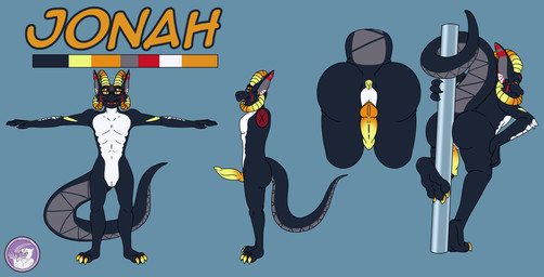 anus belly big_butt black_body butt cheek_horn dancing eyewear genitals glasses horn markings penis pole pole_dancing tail tapering_penis text white_belly hyperchibiabsol kobold scalie absurd_res artist_name hi_res model_sheet