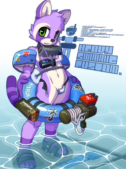 anthro briefs clothing countershade_legs countershade_thighs countershade_torso countershading fur genitals gloves_(marking) kemono leg_markings male markings open_underwear penis penis_base purple_body purple_fur socks_(marking) solo swim_ring underwear water white_body white_fur young young_anthro young_male kaitou mammal procyonid raccoon 2015 3:4 hi_res japanese_description