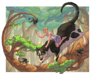 ambiguous_gender black_body black_fur blonde_hair bottomwear clothed clothing detailed_background duo_focus female feral forest fur green_eyes group hair micro multicolored_body multicolored_fur nature open_mouth outside plant raised_tail riding shirt size_difference skirt smaller_female standing straddling tail topwear tree two_tone_body two_tone_fur whiskers white_body white_fur wood katie_hofgard mythology domestic_cat dragon felid feline felis human mammal mythological_creature mythological_scalie scalie 2009 distracting_watermark traditional_media_(artwork) watermark
