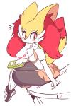2:3 anthro big_ears biped black_body blush book bottomwear braix_(diives) braixen breasts canid canine cheek_tuft chest_tuft clothed clothing diives ear_tuft facial_tuft female footwear fur furniture generation_6_pokemon inner_ear_fluff looking_at_viewer mammal multicolored_body nintendo pokemon pokemon_(species) red_eyes red_inner_ear_fluff school_uniform shoes signature simple_background sitting skirt smile solo table tuft uniform white_background white_body