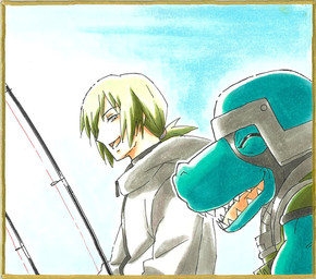 anthro armor black_hair duo fishing fishing_rod hair headgear helmet male mask smile text bandai_namco digimon digimon_beatbreak haruomi_sone commandramon digimon_(species) human mammal scalie english_text