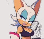 anthro big_breasts bodily_fluids bra breasts cleavage clothed clothing eyeshadow female fur makeup narrowed_eyes open_mouth open_smile simple_background smile solo sports_bra sweat tan_body tan_skin underwear white_body white_fur zzavok sega sonic_the_hedgehog_(series) rouge_the_bat bat mammal 2023 sketch unfinished