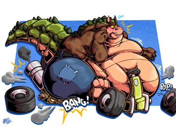 anthro belly belt big_belly blush blush_lines bottomwear cart claws clothing damaged_vehicle fangs male morbidly_obese morbidly_obese_anthro morbidly_obese_male mouth_closed notched_ear obese obese_anthro obese_male overweight overweight_anthro overweight_male pants patch_(fabric) paws scales sitting sitting_on_vehicle smoke solo sound_effects tail teeth text tire vehicle wide_eyed awoogasm activision crash_bandicoot_(series) dingodile canid canine canis crocodile crocodilian dingo hybrid mammal reptile scalie 2026 hi_res signature
