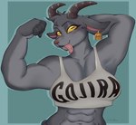 abs anthro bovid caprine clothing coffee_stain_studios crop_top ear_piercing ear_tag epic_games female flexing flexing_bicep fortnite fur goat goat_simulator grey_body grey_fur hand_behind_head horn kirumeow mammal midriff multicolored_body muscular muscular_anthro muscular_female piercing pilgor_(goat_simulator) pupils shirt simple_background slit_pupils solo tank_top tongue tongue_out tongue_piercing topwear two_tone_body writing_on_clothes yellow_eyes