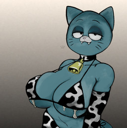 animal_print animal_print_bikini anthro armwear big_breasts bikini bodily_fluids breasts clothing cow_print cow_print_bikini female lactating mature_anthro mature_female milk pattern_bikini pattern_clothing pattern_swimwear solo swimwear teeth two-piece_swimsuit whiskers skribblepage cartoon_network the_amazing_world_of_gumball nicole_watterson felid feline felis mammal absurd_res hi_res