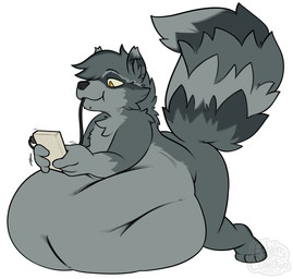 abdominal_bulge ambiguous_gender anthro chin_piercing ear_piercing fluffy fluffy_tail handheld_console object_vore oral_vore piercing soft_vore solo tail unseen_prey vore wire eclairscollection mammal procyonid raccoon hi_res