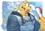 anthro big_fangs big_muscles biped bodily_fluids eyes_closed fangs fur happy male muscular muscular_anthro muscular_male rainbow smile smiling_at_viewer solo sweat teeth wet wet_body white_body white_fur yellow_body yellow_fur kuulongarl seidou_daiga_(kuulongarl) canid canine canis mammal wolf 2024