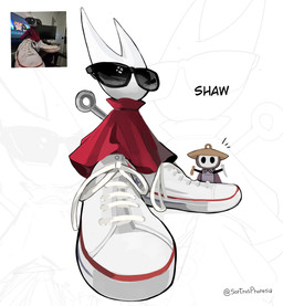 black_text clothed clothing duo eyewear footwear hornet's_needle multicolored_clothing multicolored_footwear red_clothing red_footwear sunglasses text white_clothing white_footwear white_head sortrosphoresia hollow_knight:_silksong hollow_knight_(franchise) team_cherry hornet_(hollow_knight) sherma_(hollow_knight:_silksong) arthropod absurd_res hi_res