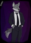 2024 absurd_res anthro biped black_nose canid canine canis clothed clothing digital_drawing_(artwork) digital_media_(artwork) dipstick_tail fully_clothed fur grey_body grey_fur hands_in_both_pockets head_tuft hi_res male mammal markings necktie purple_background simple_background solo standing suitedwolfie tail tail_markings tuft wolf