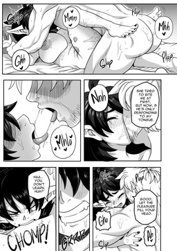 anthro big_breasts bite bodily_fluids breasts butt dialogue female kissing male male/female moan nipples nude sex sweat text martincorps goblin human mammal absurd_res comic english_text hi_res monochrome