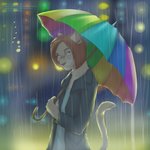 anthro blue_eyes brown_body brown_fur brown_hair clothed clothing detailed_background female fluffy fluffy_tail fur hair holding_object multicolored_body multicolored_fur raining smile solo tail two_tone_body two_tone_fur umbrella tashalisets domestic_cat felid feline felis mammal 1:1 absurd_res hi_res