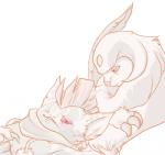 absol anthro anthrofied beelzemon_(artist) claws cuddling duo fan_character fur gael_the_scrafty generation_3_pokemon generation_5_pokemon low_res male monochrome nails nintendo one_eye_closed pokemon pokemon_(species) pokemorph scrafty sharp_nails short_story simple_background story story_in_description white_background