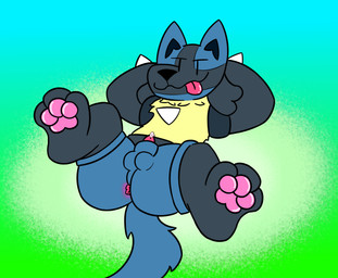 animal_genitalia anthro anus bodily_fluids butt front_view fur genital_fluids genitals lying male miauyeah nude on_back outside pawpads paws penis penis_tip precum presenting raised_leg solo teasing teasing_viewer tongue tongue_out nintendo pokemon generation_4_pokemon lucario pokemon_(species) hi_res