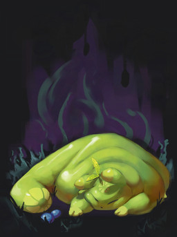 ambiguous_gender black_nose blue_fruit_(rain_world) ears_down eyes_closed feral glistening glistening_body grass green_body overweight pivoted_ears plant sleeping tail citrusslugcat rain_world videocult citrus_(slugcat) slugcat