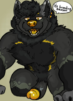 anthro black_body black_fur bottom_pov erection first_person_view fluffy fluffy_chest free from_front_position front_view fur genitals gold_piercing hair male muscular muscular_anthro nude nude_anthro nude_male open_mouth pecs penis piercing smile solo solo_focus speech_bubble submissive submissive_pov teeth text yellow_body yellow_eyes yellow_fur yellow_nose bulliart canid canine canis humanoid mammal wolf hi_res