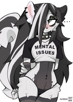 anthro arm_warmers armwear barbell_piercing biped black_body black_clothing black_fur black_hair black_underwear blush bodily_fluids camel_toe cheek_tuft clothing collar crop_top crotch_lines crotch_tuft eye_bags eyelashes facial_tuft female flat_chested fur glistening_eyelids grey_body grey_eyes grey_fur grey_hair hair hip_tuft legwear long_eyelashes long_hair long_tail multicolored_body multicolored_hair navel navel_piercing piercing pink_inner_ear shirt simple_background small_waist soft_abs solo spiked_collar spikes standing sweat tail text thick_thighs thigh_highs topwear tuft two_tone_body two_tone_hair underwear white_background wide_hipped_anthro wide_hipped_female wide_hips mayrin_(artist) michelle_(yabeweny) mammal mephitid skunk 2026 digital_media_(artwork) english_text hi_res