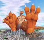 anthro building city city_crushing city_destruction cityscape destruction digitigrade feet foot_focus landscape_dwarfing macro male orange_body paws sitting skyscraper smug solo tail toes blockman3_(artist) mythology vamux dragon mythological_creature mythological_scalie scalie drake_(disambiguation) hi_res