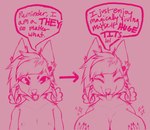 anthro big_breasts breast_growth breasts dialogue female flat_chested growth huge_breasts humor magic pink_background pink_line_art simple_background solo sparkles transformation ponyonmane canid canine mammal colored_line_art digital_media_(artwork) hi_res nonbinary_(lore)