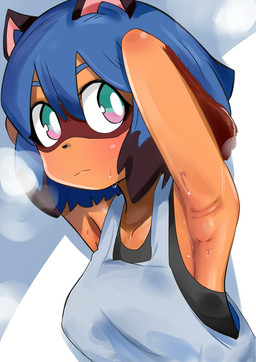 anthro armpit_fetish black_nose blue_eyes blue_hair bodily_fluids breasts breath brown_body brown_fur clothed clothing detailed_armpit facial_markings female fur glistening_armpit hair head_markings looking_at_viewer markings mask_(marking) multicolored_eyes multicolored_hair pink_eyes shirt solo sweat tank_top topwear wrinkled_armpit heppushu brand_new_animal studio_trigger michiru_kagemori canid canine mammal raccoon_dog tanuki 2020