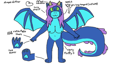 anthro big_tail blue_body blue_fur breasts claws female fur green_eyes hair horn navel nipples pawpads purple_hair simple_background snout solo tail text tongue white_background wings bluehax6 mythology dragon mythological_creature mythological_scalie scalie 16:9 english_text hi_res model_sheet widescreen