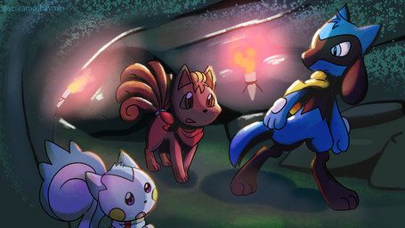 6_tails ambiguous_gender anthro blue_eyes brown_eyes cave feral group multi_tail scarf tail torch trio screamoshaymin nintendo pokemon pokemon_mystery_dungeon spike_chunsoft generation_1_pokemon generation_4_pokemon pachirisu pokemon_(species) riolu vulpix 16:9 4k absurd_res hi_res widescreen