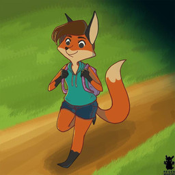 3_toes anthro backpack barefoot bottomwear brown_hair clothing feet female fur grass green_eyes hair orange_body orange_fur plant running shirt short_hair shorts smile solo t-shirt toes topwear regenmonster foxtail foxtail_(video_game) leah_(foxtail) canid canine fox mammal 1:1