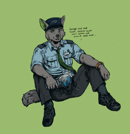 accessory anthro belt bulge clock clothing conductor fur hat headgear headwear humanoid_hands male musk name_tag necktie open_belt simple_background sitting solo tail uniform watch wristwatch dwc dwcmarshalarts spirit_shadow canid canine canis mammal wolf absurd_res hi_res
