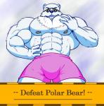 abs anthro barazoku big_muscles body_hair bottomwear bulge chest_hair clothed clothing eyewear fur glasses low-angle_view male muscular muscular_anthro muscular_male nipples pecs pink_bottomwear pink_clothing pink_shorts shorts solo sunglasses text topless white_body white_fur guzreuef ice_climber nintendo polar_bear_(ice_climber) bear mammal polar_bear ursine english_text