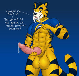 abs animal_genitalia animal_penis anthro balls big_balls big_penis black_nose black_stripes blue_background bodily_fluids clothed clothing clothing_lift dialogue erection fangs feline_genitalia feline_penis fur genital_fluids genitals humanoid_hands jersey jersey_only leaking_precum looking_at_viewer male markings masturbation muscular muscular_anthro muscular_arms muscular_male open_mouth penile penile_masturbation penile_spines penis pink_tongue precum ring_(marking) ringed_tail sabertooth_(anatomy) shirt shirt_lift simple_background solo striped_body striped_fur striped_markings striped_tail stripes tail tail_markings talking_to_viewer teeth text tongue topwear yellow_body yellow_fur ahugebird buffalo_sabres nhl sabretooth_(buffalo_sabres) felid mammal prehistoric_species saber-toothed_tiger 2026 digital_drawing_(artwork) digital_media_(artwork) english_description english_text hi_res