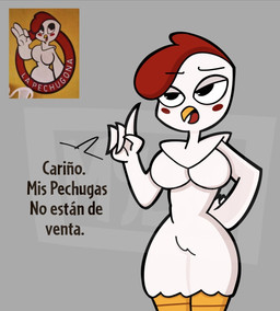 anthro avian_caruncle beak big_breasts black_eyes blush breasts comb_(anatomy) female head_crest la_pechugona solo text white_body mcjebus2006 avian bird chicken galliform phasianid spanish_text