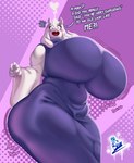 anthro big_breasts blush blush_lines breasts brown_eyes clothed clothing dialogue dress eyelashes fangs female floppy_ears fur horn huge_breasts looking_at_viewer lop_ears low-angle_view mature_female navel_outline open_mouth purple_background purple_clothing purple_dress simple_background solo talking_to_viewer teeth text thick_thighs white_body white_fur white_horn wide_hips mister_blueee undertale_(series) toriel boss_monster_(undertale) bovid caprine goat mammal 2024 hi_res