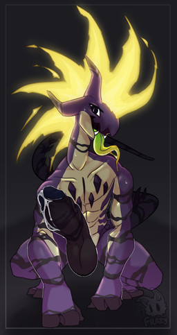 anthro bodily_fluids cum genital_fluids interspecies male muscular perspective pokephilia solo frazy nintendo pokemon amped_toxtricity generation_8_pokemon pokemon_(species) toxtricity absurd_res hi_res