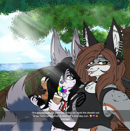 anthro arm_around_shoulders beverage biped black_body black_eyebrows black_fur black_hair black_nose breasts brown_eyebrows brown_hair brown_nose caption cheek_tuft cleavage clothed clothing coffee countershading countershading_outline crop_top duo electronics eyebrow_piercing eyebrows eyeliner facial_piercing facial_tuft female female/female flesh_tunnel fur gloves_(marking) green_eyes grey_body grey_fur hair inner_ear_fluff makeup markings mascara multi_tail multicolored_eyes multicolored_hair multiple_piercings neck_tuft orange_body orange_fur phone piercing pose puffed_cheeks rainbow_hair shirt sipping smile standing striped_markings striped_tail stripes surprised tail tail_markings teal_eyes text tongue tongue_out topwear tuft white_body white_fur ravenarts skrillex_(copyright) itzy_bitzy nova_era canid canine fennec_fox fox grey_fox mammal true_fox urocyon english_text hi_res