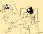 2024 action_pose anthro anus arm_strap armor bear big_breasts big_butt bottomless breasts butt clothed clothing epic_games female fortnite gauntlets genitals gloves greaves handwear hi_res holding_melee_weapon holding_object holding_sword holding_weapon hood looking_back lowkey_nottoast lying mammal melee_weapon monochrome obscured_face on_front one_eye_closed open_mouth pose pussy raven_team_leader scar scut_tail short_tail simple_background solo spread_legs spreading sword tail tan_background thick_thighs vambrace weapon wide_hips