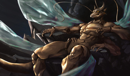 anthro carapace chair compound_eyes exoskeleton furniture gold_body head_crest head_spikes insect_wings male mandibles on_chair pecs sitting sitting_back sitting_on_chair sitting_on_throne solo spikes spikes_(anatomy) spread_legs spreading stone_throne tail throne wings yellow_eyes myneonone earthward_bound kalrin arthropod insect kellvass rodinian absurd_res hi_res