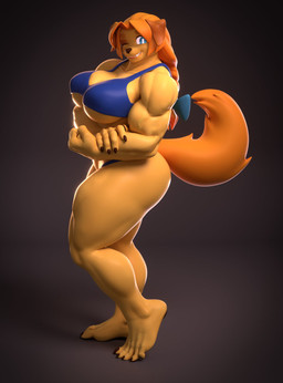 accessory anthro big_breasts bikini blue_bikini blue_clothing blue_eyes blue_swimwear bow_ribbon breasts brown_nose clothing female flexing front_view fur hair hair_accessory hair_bow hair_ribbon huge_breasts long_hair looking_at_viewer muscular muscular_female one_eye_closed orange_hair ribbons smile solo swimwear thick_thighs two-piece_swimsuit wide_hips wink winking_at_viewer yellow_body yellow_fur vllrukkin xaiarts_(modeler) dog_knight_rpg jeane_(ceehaz) bird_dog canid canine canis domestic_dog golden_retriever hunting_dog mammal retriever 3d_(artwork) digital_media_(artwork) hi_res