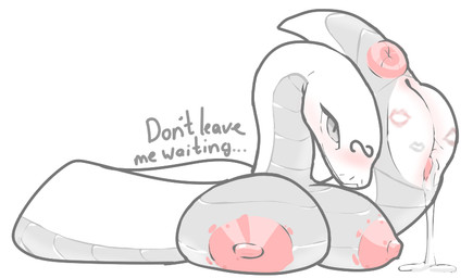 abstract_background anus areola big_breasts blotchy_areola blush breast_rest breasts female feral genitals grey_body grey_scales kiss_mark leaking_vagina lips nipple_dip nipples non-mammal_breasts presenting presenting_vulva puffy_anus scales solo text thick_lips vulva white_body white_scales horiori ori_(horiori) reptile scalie snake