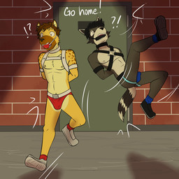 anthro arms_tied ball_gag bdsm bit_gag bondage bondage_gear bound brick_wall briefs butt clothing collar dialogue door duo emanata exclamation_point footwear fur gag hands_behind_back harness imminent_fall in_the_air interrobang jockstrap kicked_out legs_up light male markings navel nipples outside public question_mark raccoon_tail ring_(marking) ringed_tail shoes socks spots spotted_body spotted_fur striped_markings striped_tail stripes surprised tail tail_markings text underwear wall_(structure) fuze fuzeyeen jde_ringtail hyena mammal procyonid raccoon spotted_hyena 1:1 english_text hi_res
