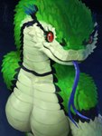 anthro belly black_markings blue_markings blue_tongue breasts featureless_breasts female green_body looking_sideways markings medium_breasts nude red_eyes scales solo tongue white_belly zimabel reptile scalie snake viper 3:4 absurd_res bust_portrait hi_res portrait