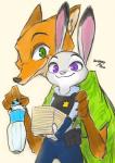 ambiguous_gender anthro clothed clothing dipstick_ears duo ear_markings fully_clothed fur green_eyes grey_body grey_fur holding_object looking_at_viewer multicolored_ears orange_body orange_fur pink_nose police police_uniform purple_eyes shirt smile topwear uniform marema_kishin disney zootopia judy_hopps nick_wilde canid canine fox lagomorph leporid mammal rabbit red_fox true_fox 2018 digital_media_(artwork) hi_res