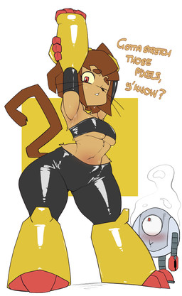 anthro bandeau big_breasts black_bottomwear black_clothing black_pants bodily_fluids bottomwear breasts brown_hair brown_tail clothing dialogue duo eyebrows eyelashes eyewear eyewear_on_head female goggles goggles_on_head hair machine mechanical_arm midriff navel one_eye_closed pants short_hair solo_focus standing stretching stretching_arms sweat tail text thick_thighs topwear under_boob whiskers wide_hips fir3born gameoverse glitch_productions kaboodle_(gameoverse) kit_bodega domestic_cat felid feline felis mammal robot 2026 absurd_res english_text hi_res